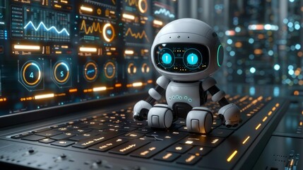 Poster - A small, white robot sits on a laptop keyboard, looking at the screen with data and graphs displayed. The robot has large blue eyes.