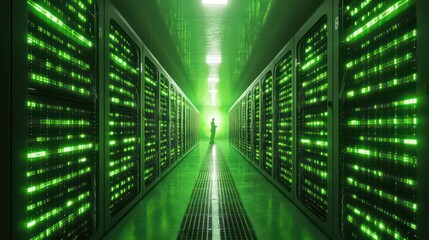Poster - A lone technician walks down an aisle of glowing green server racks in a data center.