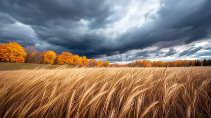 Golden wheat field under dramatic autumn skies