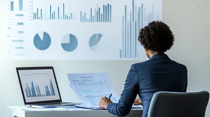 Aufkleber - Businesswoman reviewing financial data and charts on a laptop and papers while sitting at her desk.