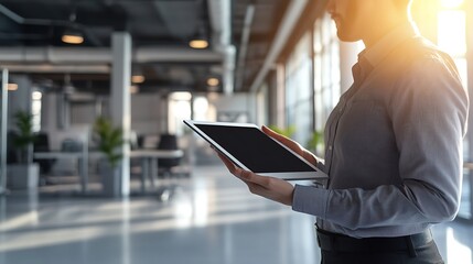 Aufkleber - Businesswoman using a tablet in a modern office.