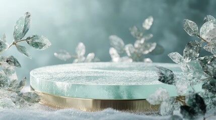 Fototapete - A tranquil setting showcases an elegant icy display surrounded by delicate crystal-like leaves, creating a serene winter ambiance. The frosted surface enhances the beauty of the composition.
