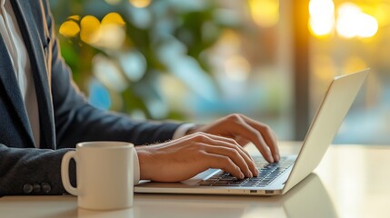 Poster - Close-up of a businessman's hands typing on a laptop with a cup of coffee.