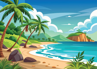 Sailboat sailing past tropical island beach on sunny day cartoon illustration