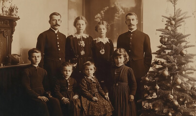 Wall Mural - Happy family on Christmas Eve, old vintage photo, generated ai