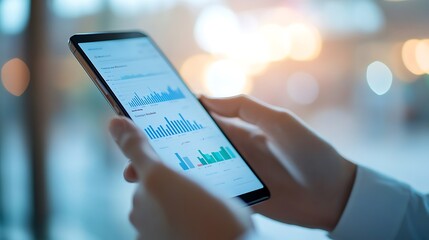 Aufkleber - Close-up of hands holding a tablet displaying a graph.