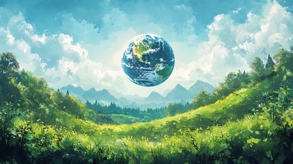 Wall Mural - earth day background the planet earth in a soft watercolor style set against a sky filled with cloud