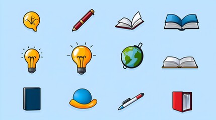 Leinwandbilder - Thin line icon set depicting various concepts related to knowledge creativity and intellectual themes including a light bulb for globe for global learning and a book for education and research
