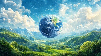 Poster - Earth Day background the planet Earth in a soft watercolor style set against a sky filled with clouds with green hills and trees in the foreground symbolizing environmental harmony