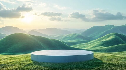 Poster - Earth Day banner template featuring 3D cylinder podium on a serene green nature landscape complete with clear skies and gentle hills symbolizing environmental awareness and ecofriendly practices