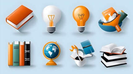Aufkleber - Thin line icon set representing knowledge and cleverness featuring books globe light bulb and imagination with clean modern lines for intellectual concepts