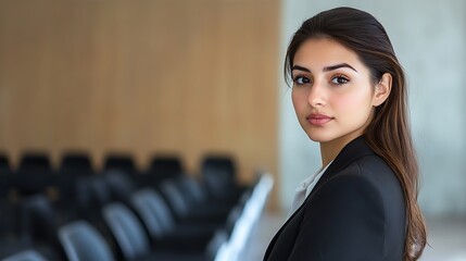 Aufkleber - Confident businesswoman standing in a conference room, looking directly at the camera.