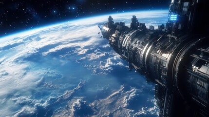 Wall Mural - a futuristic spaceship orbits a blue planet with white clouds in a dark starry sky.