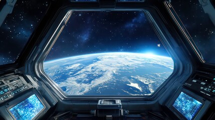 Poster - A view of Earth from a spaceship window, showcasing the planet's beauty and vastness.