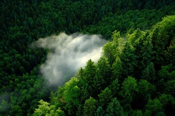 Poster - Ethereal forest scene, with light breaking through mist, creating a dreamlike quality