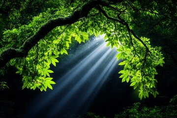 Poster - Ethereal forest scene, with light breaking through mist, creating a dreamlike quality