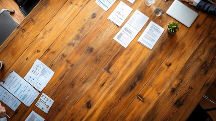 Aufkleber - Overhead view of a meeting table with documents, a laptop, a plant, and a glass of water.