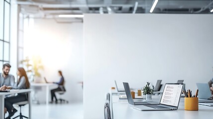 Poster - A modern office workspace with laptops and a potted plant on a desk, with a blurred background of colleagues working.