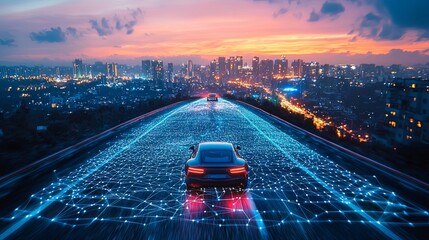 Wall Mural - high-tech cars travel on a digital highway above a city skyline at dusk, symbolizing the future of t