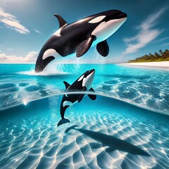 Killer whales jumping out of water in a transparent ocean.