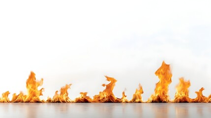 Poster - Tall dramatic fire flames reaching upward with bright yellow and red glowing tones against a bold white background creating a striking and fiery visual effect