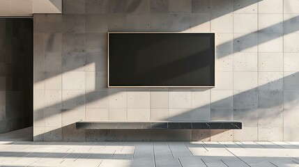 Minimalist design with a blank black billboard centered on a contemporary tiled wall, bathed in sunlight from above.