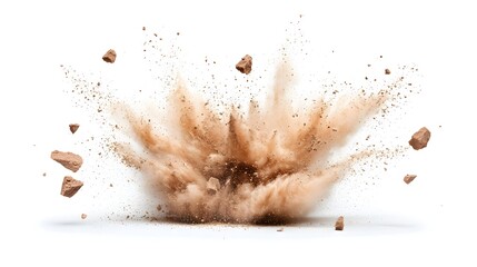 Poster - Bursting chocolate colored powder creating an energetic and vibrant festival atmosphere with dynamic particles flying against a white background