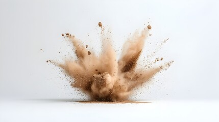 Poster - Vibrant and dynamic burst of chocolate colored powder particles creating an energetic explosion against a clean white studio background