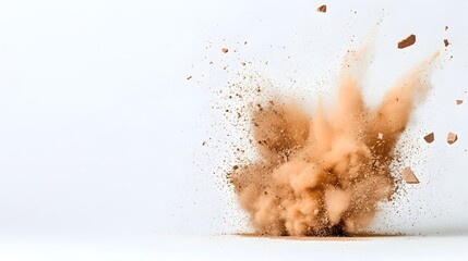 Poster - Energetic burst of chocolate colored powder creating a dynamic and captivating visual spectacle isolated on a clean white background for striking and visually engaging festive imagery