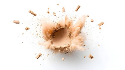 Poster - Bright explosion of chocolate colored powder creating an energetic burst of particles isolated on a clean white background for festive and visually striking visuals