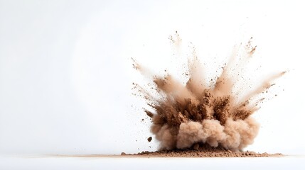 Poster - Captivating chocolate colored paint powder bursting in dynamic explosive motion creating a rich cloud of vibrant particles against a clean white background   perfect for exciting festival and themes