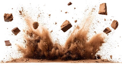 Poster - Dramatic explosion of rich chocolate colored powder creating an energetic burst of swirling dispersing particles suspended against a clean white background for festive and creative visuals