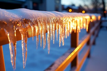 Poster - Icicles hanging from a simple wooden fence, with soft light illuminating their edges