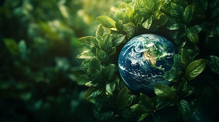 Poster - Earth Day concept featuring vibrant planet surrounded by lush green leaves symbolizing harmony between nature and the environment perfect for promoting ecofriendly awareness