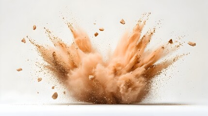 Poster - Explosive burst of rich chocolate colored paint powder in dynamic spirited motion creating a vibrant abstract texture against a clean white background  Ideal for design themes