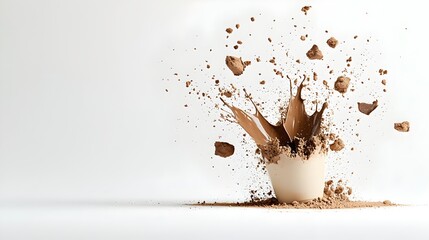 Poster - Captivating image of a chocolate colored paint powder bursting into dynamic rich particles in motion isolated on a white background for exciting festival and themes