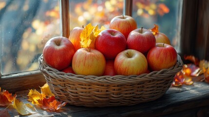 Aufkleber - A woven basket filled with bright red and yellow apples sits on a wooden surface, surrounded by vibrant autumn leaves under warm sunlight.