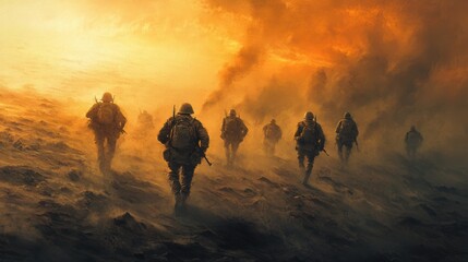 Soldiers walking through a dusty, war-torn landscape.