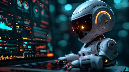 Poster - A white robot with glowing orange eyes sits at a laptop, analyzing data on the screen.