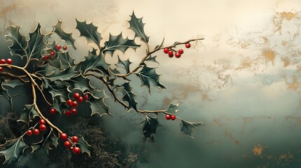 vintage hand-drawn illustration with golden paint of holly tree branch with red berries