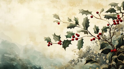 vintage hand-drawn illustration with golden paint of holly tree branch with red berries
