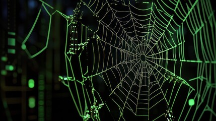 Artistic green web interlaced with digital fragments