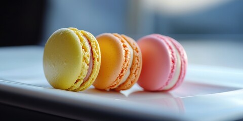 Sticker - Three colorful macarons on white plate.