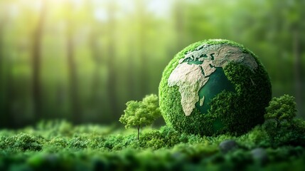 Poster - Earth Day ecofriendly concept modern minimalist style A sleek globe with vibrant green landmasses surrounded by abstract tree icons promoting sustainability and clean energy solutions