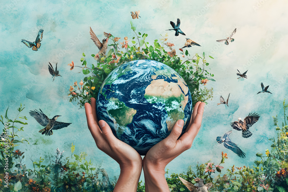 Hands holding Earth surrounded by nature, birds, and greenery ...
