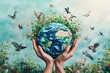 © Ram - Hands holding Earth surrounded by nature, birds, and greenery, symbolizing conservation, environment, sustainability, and harmony, perfect for themes of Earth care and global unity