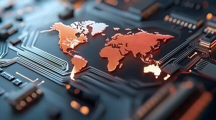 Poster - Futuristic interconnected digital circuits and microchips forming a vibrant minimalist global communication network and data visualization  Neon styled abstract technology and intelligence background