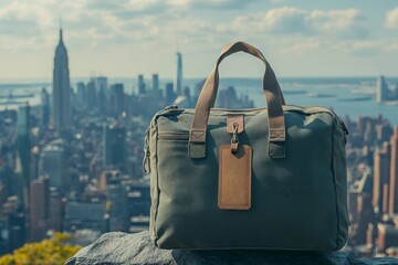 Green Travel Bag On Rock Overlooking Cityscape