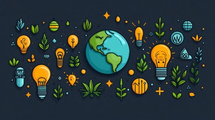 Poster - Earth Day sleek modern design focusing on a minimalist globe surrounded by ecofriendly icons representing clean energy and nature emphasizing environmental protection and a sustainable future