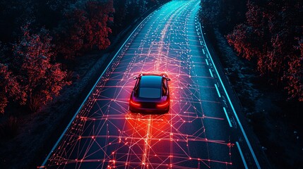 A sleek car navigates a digitally enhanced road, illustrating advanced technology and connectivity behind modern transportation in a vibrant, futuristic design.